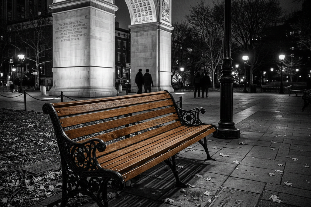 NYC bench with selective color Ipe wood