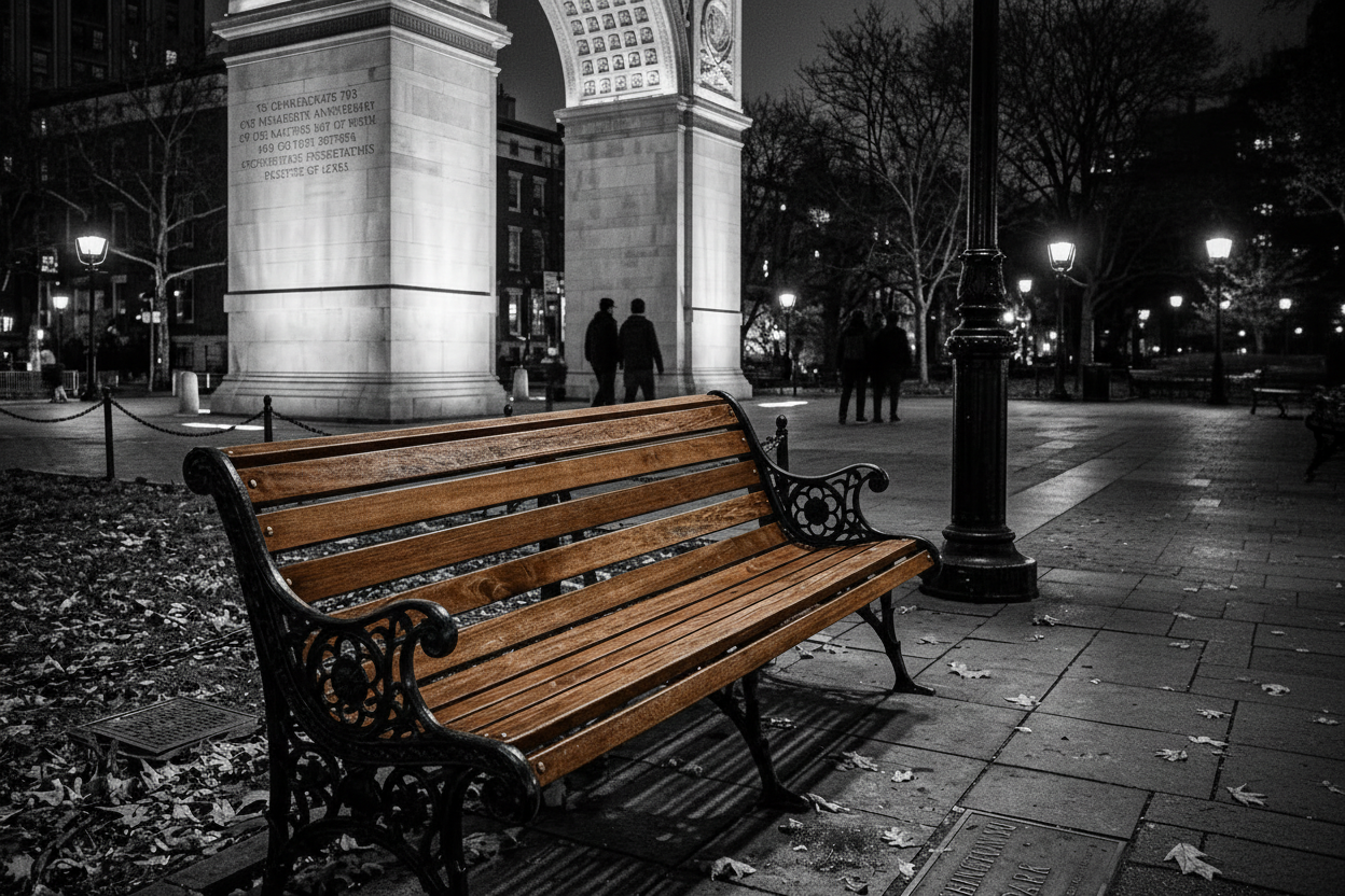 NYC bench with selective color Ipe wood